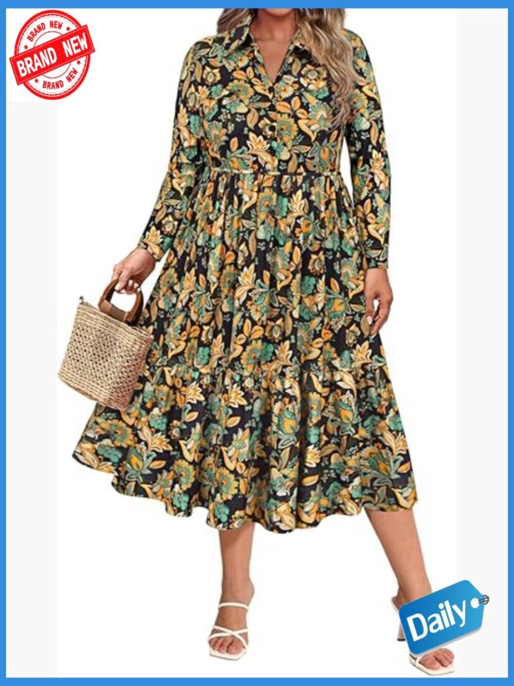 Plus Size Midi Dress Collared V-Neck Long Sleeve with Pockets Curvy